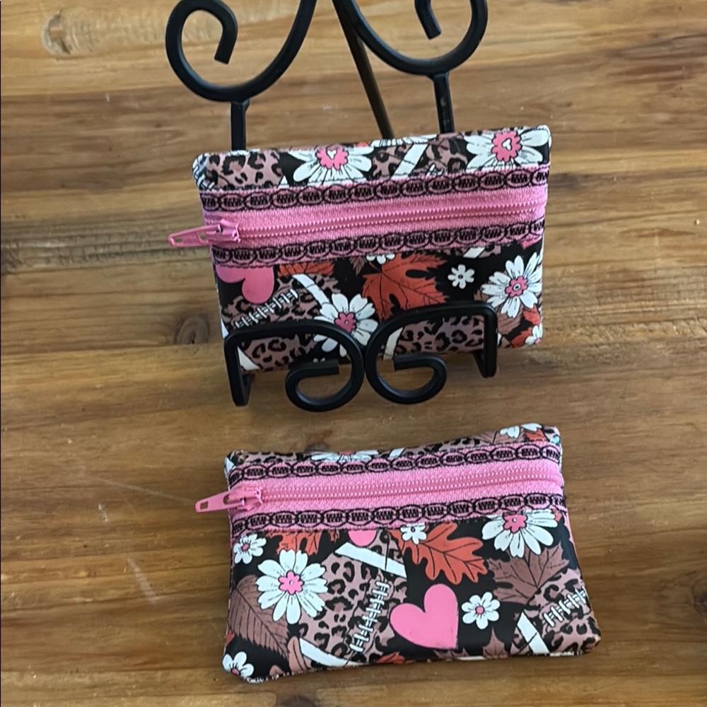 Qty 2 Football Pink Floral Heart Zip Coin Pouch - Unbranded